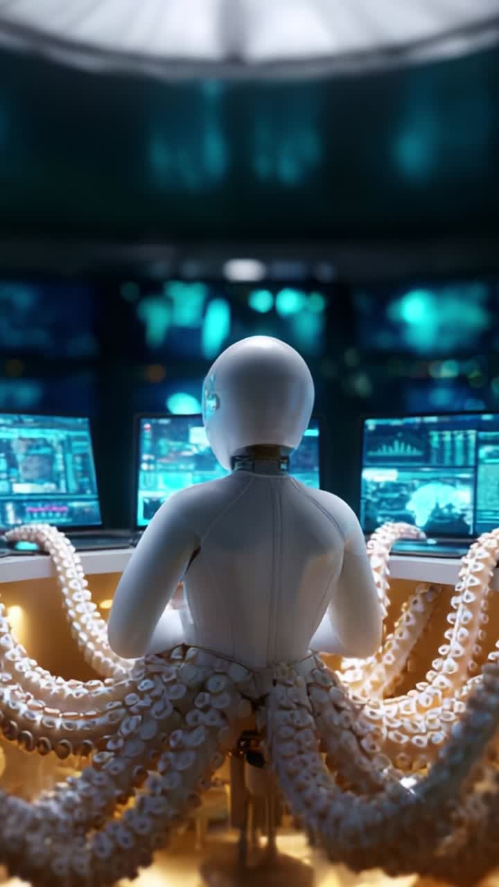 Futuristic Robot with Tentacle Appendages Operating High-Tech Control Interface in a Dimly Lit Environment Surrounded by Advanced Display Screens