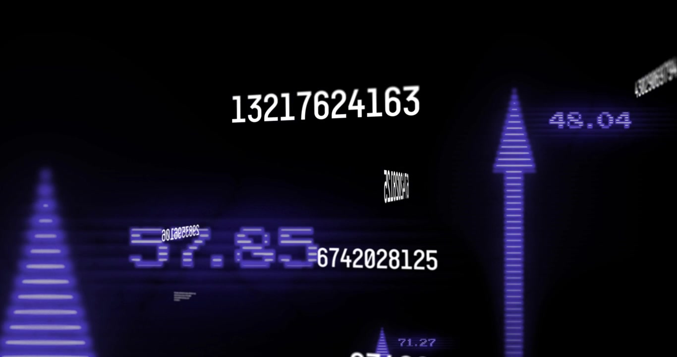 Sparse white numbers appearing clustering purple arrows scaling camera panning showing data trends
