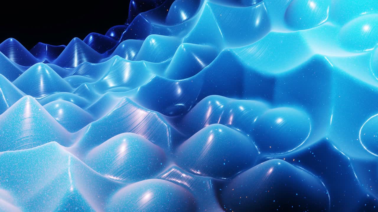 fantastical festive blue bg. Stylish abstract looped background, waves move on glossy surface like landscape made of liquid blue wax with sparkles. Beautiful soft background with smooth animation 4k