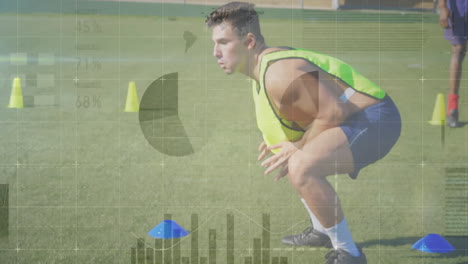 athlete training on field with global data processing animation over video