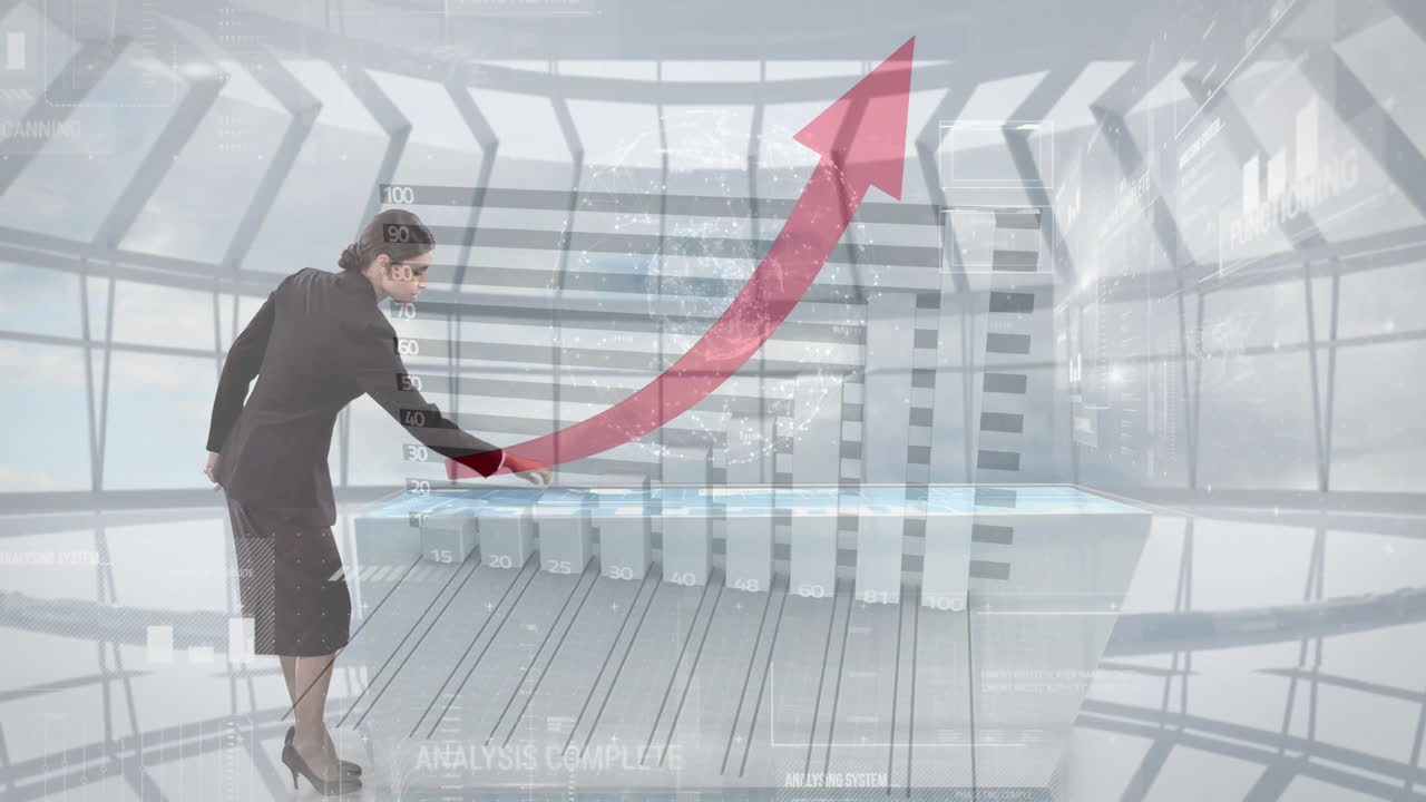 Observing upward trend graph, businesswoman in futuristic digital animation environment