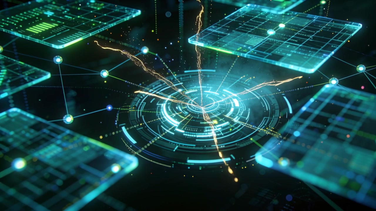 Striking golden filament activating central hub, pulsing links, syncing data panels in virtual void