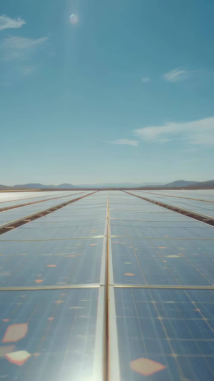 Vertical video: Rolling camera gliding over solar panels at farm, showing seam leading to ridge
