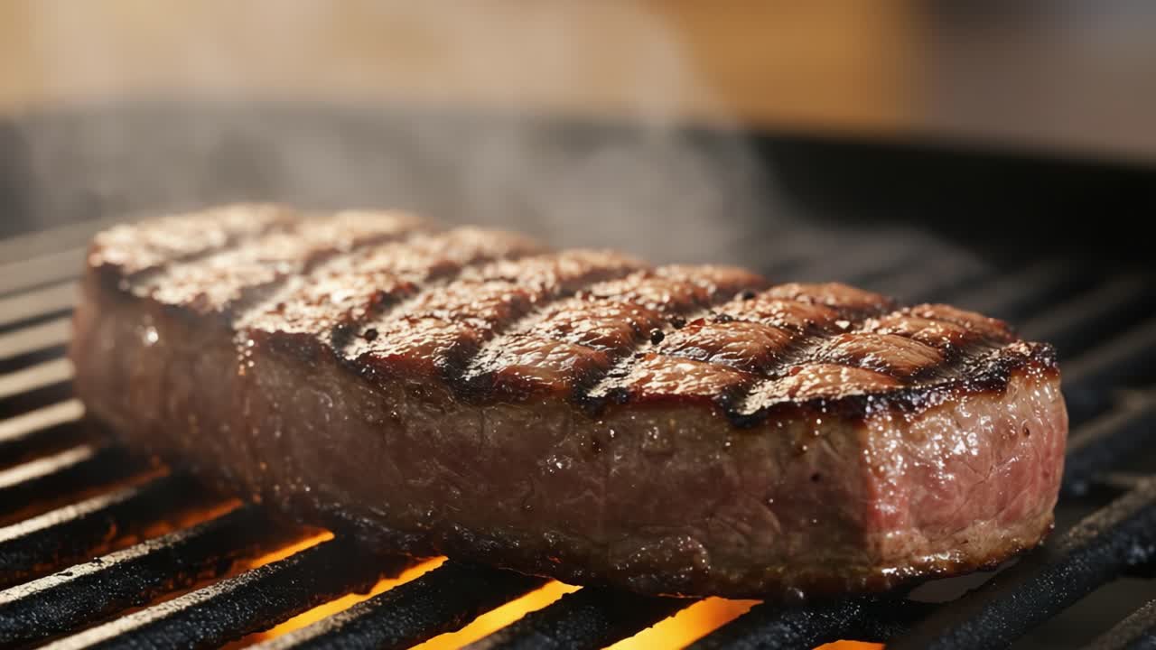 Sizzling Grilled Steak: Capturing the Perfectly Cooked Cut with Char Marks and Aromatic Smoke Rising in the Air, Evoking a Mouthwatering Experience