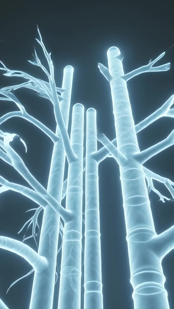 Video verticale: Tronchi luminosi che emergono con ramoscelli che germogliano e si innalzano nel vuoto, il clip inizia mostrando i nodi.