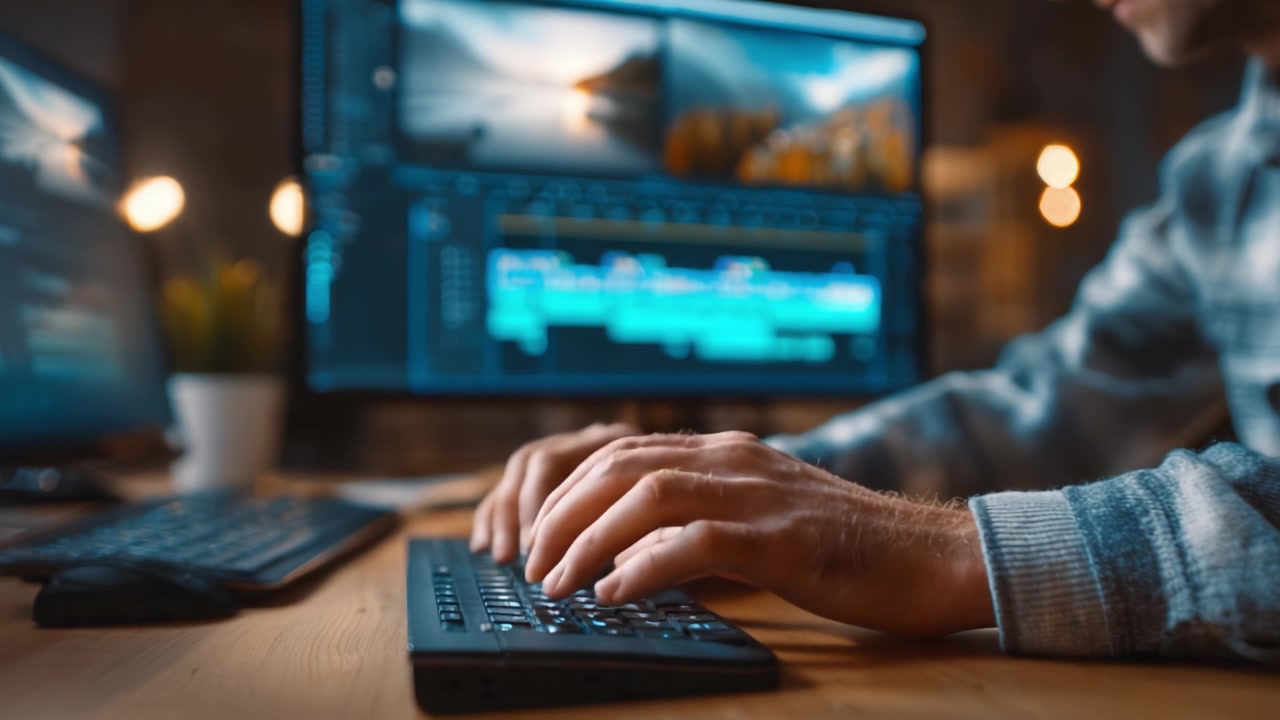 Una persona concentrata intenta a realizzare video editing in uno spazio di lavoro moderno con diversi monitor che mostrano contenuti dinamici