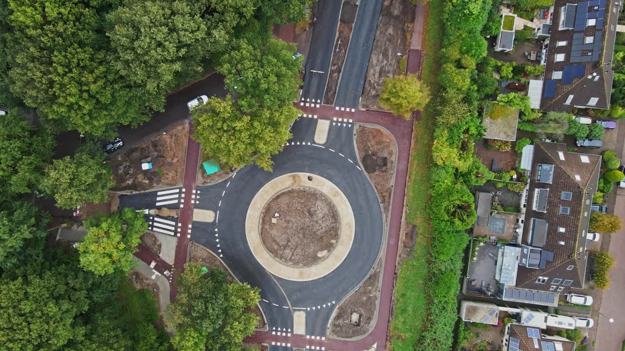 Aerial View of Roundabout Construction in Residential Area