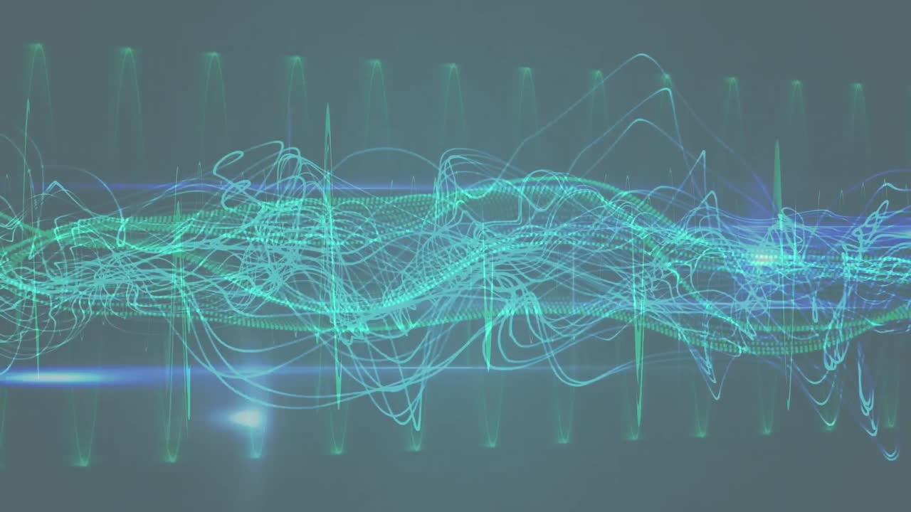 Animation of glowing green light trails and data processing