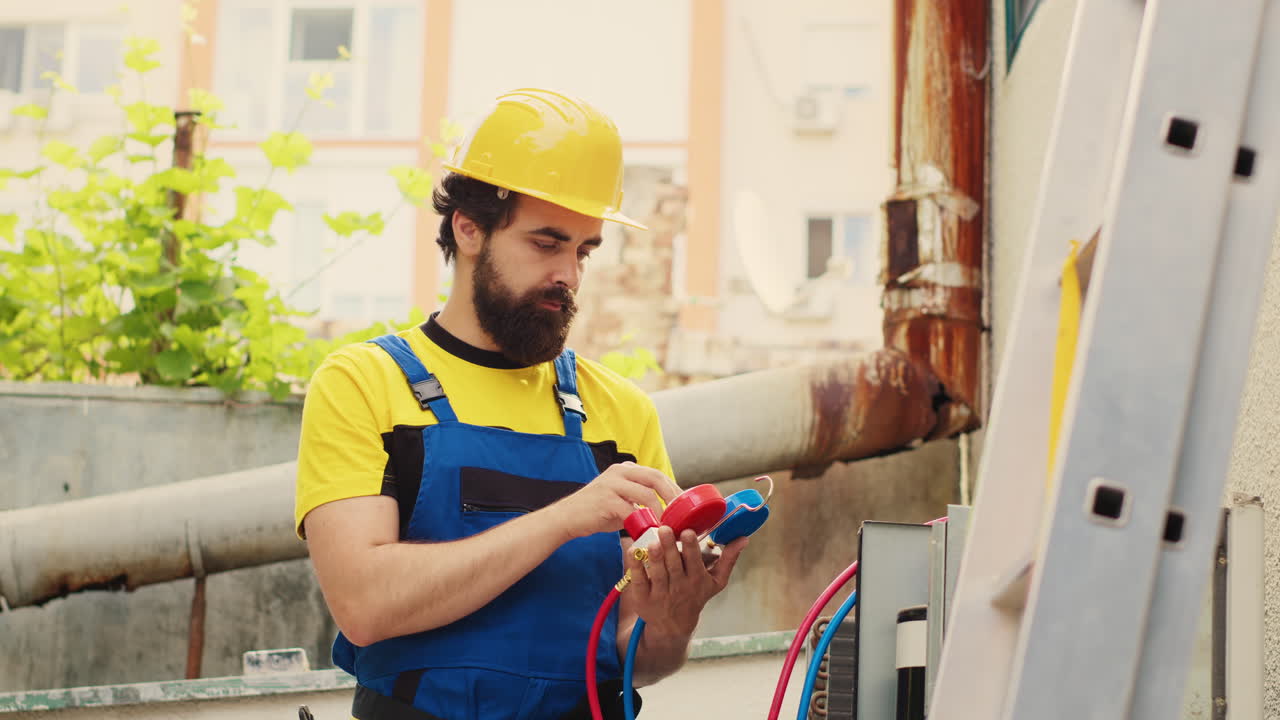 HVAC specialist adjusts pressure levels