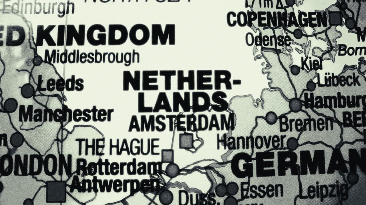 A grayscale map of Europe, focusing on the Netherlands and surrounding countries