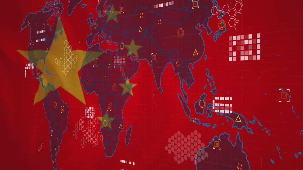 animación del mapa del mundo y procesamiento de datos contra el fondo de la bandera china ondeando