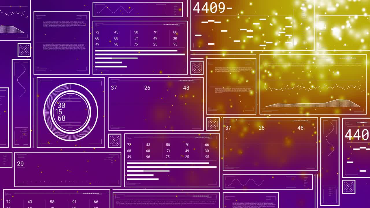 Golden particle flare starting, data panels updating while gauge counting, charts showing live data