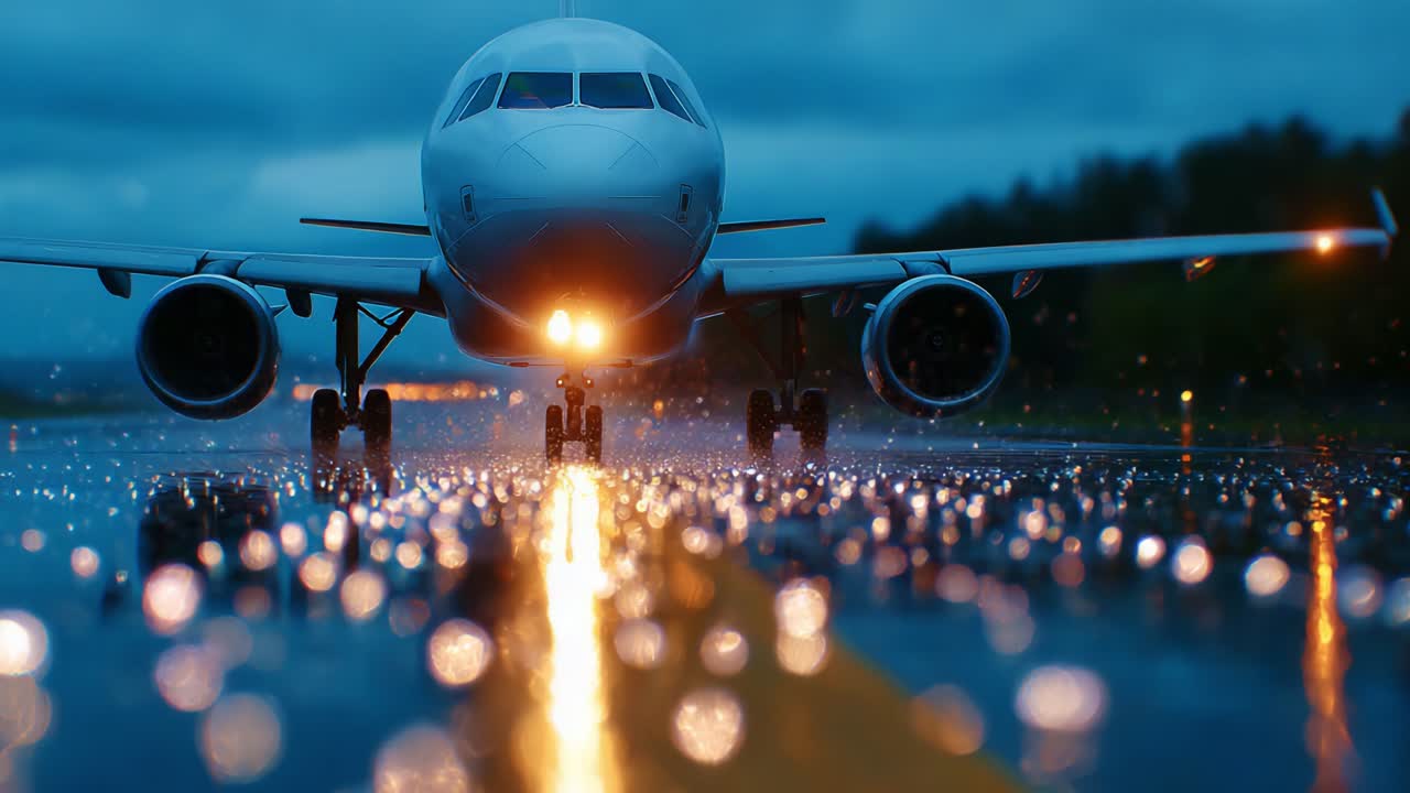 A close-up view of an airplane on a wet runway during twilight, showcasing the dramatic reflection of lights on the rain-soaked surface, emphasizing the serenity and beauty of aviation in adverse weather