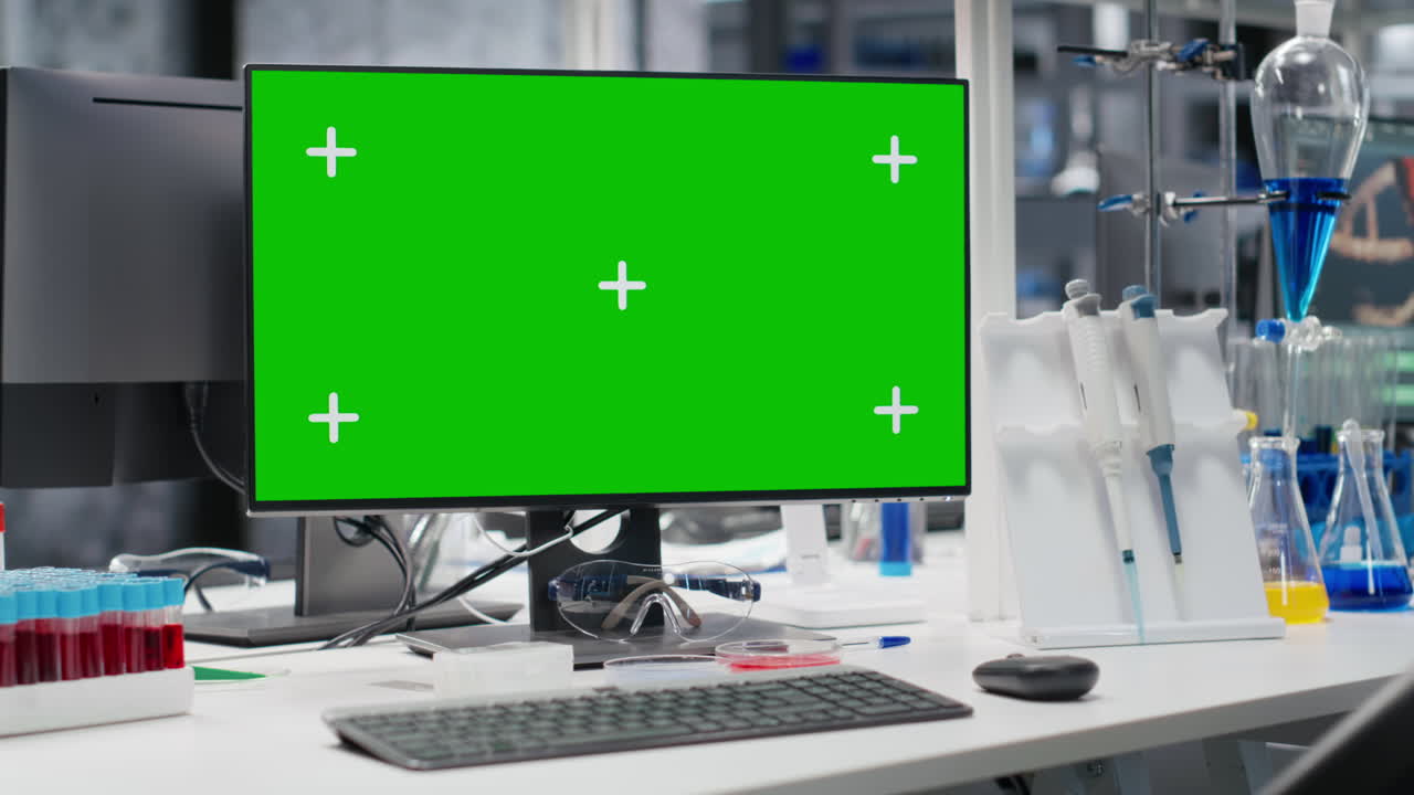 Green Screen Pc In Lab Next To Tablet With Interface Showing Genetic Markers