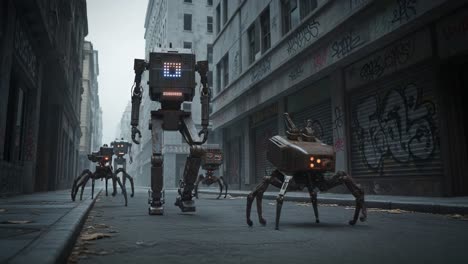 a futuristic scene depicting robotic figures navigating through an abandoned urban landscape, showcasing advanced technology and a post-apocalyptic atmosphere.