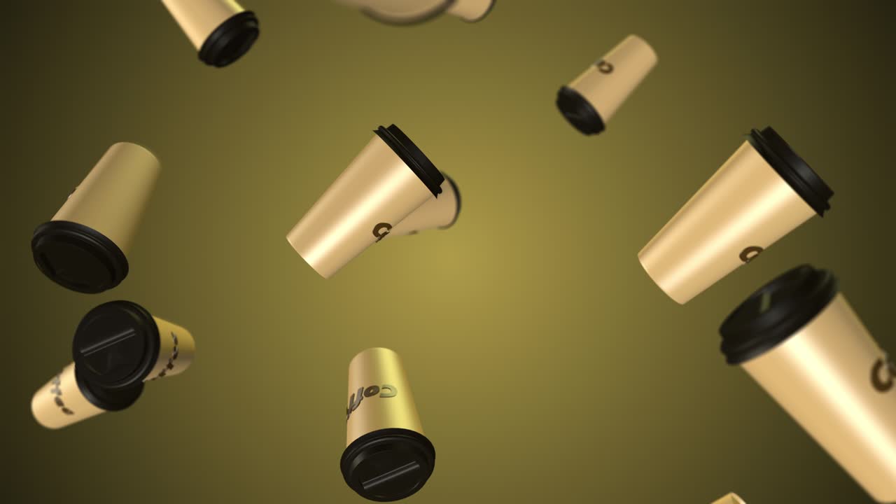 tres tazas de café de colores de fondo. renderizado abstracto 3d con luz brillante y sombras. patrón de tazas de cafe. animación en bucle. blanco amarillo. bucle