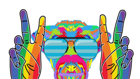 rainbow colored dog wearing sunglasses showing hand peace sign against white background