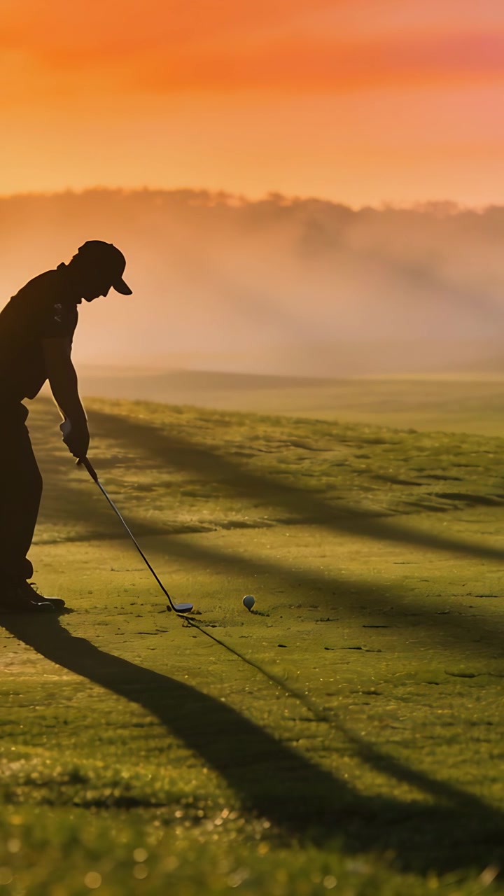 Video verticale: Golfista con cappellino che si prepara a colpire la palla, oscilla la mazza e la fa avanzare sul fairway, spazio per il testo