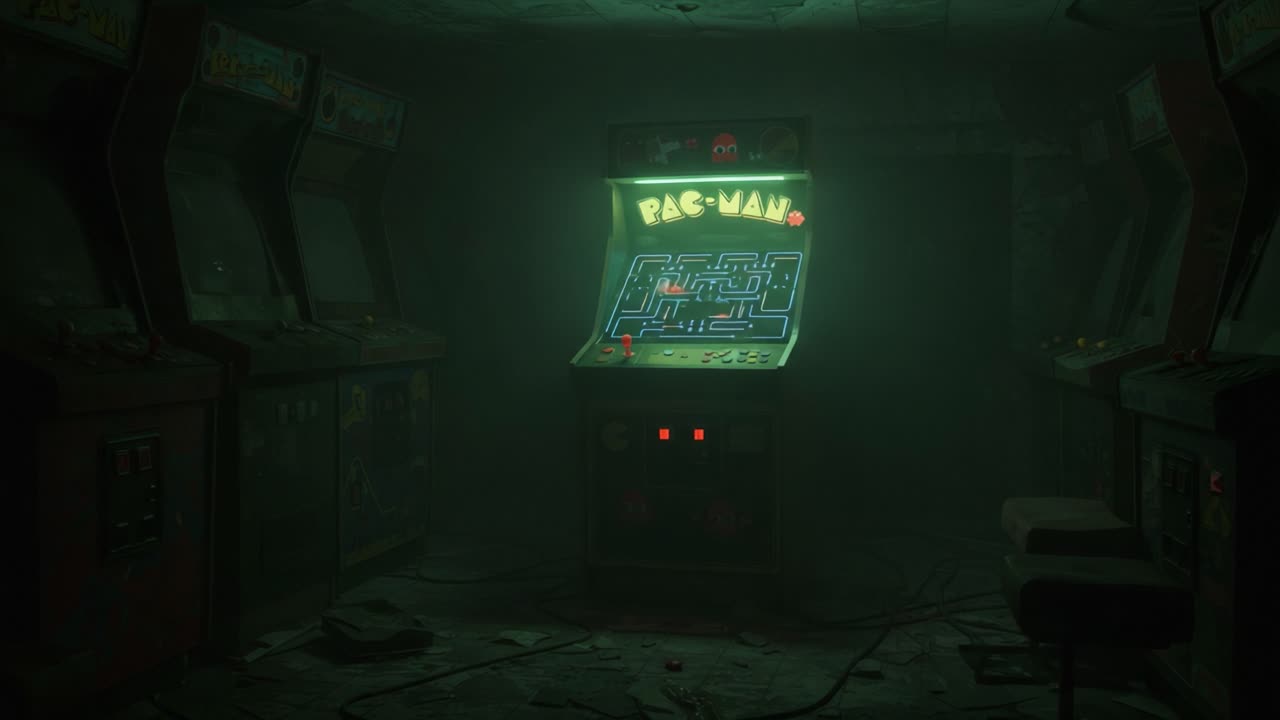 An Abandoned Arcade: Exploring the Eerie Ambience Surrounding a Retro Pac-Man Cabinet in a Dimly Lit, Dusty Environment