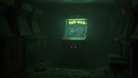 an abandoned arcade: exploring the eerie ambience surrounding a retro pac-man cabinet in a dimly lit, dusty environment