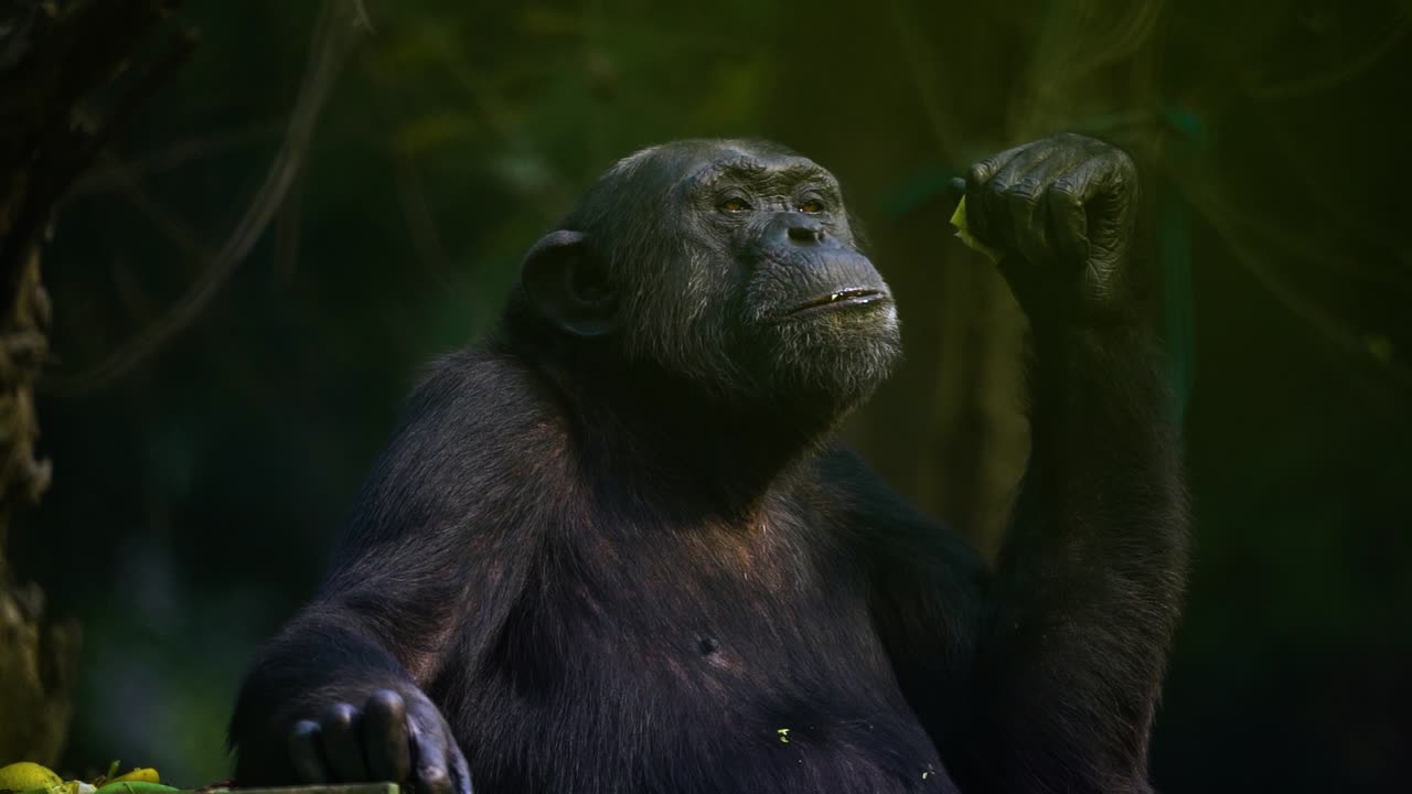 A chimpanzee eating and looking around in slow motion in an Indian Zoo. Footage captured in 120fps and slowed down