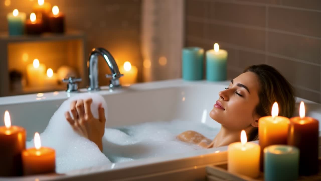Relaxing bubble bath experience in a serene setting with candles illuminating the environment during the evening