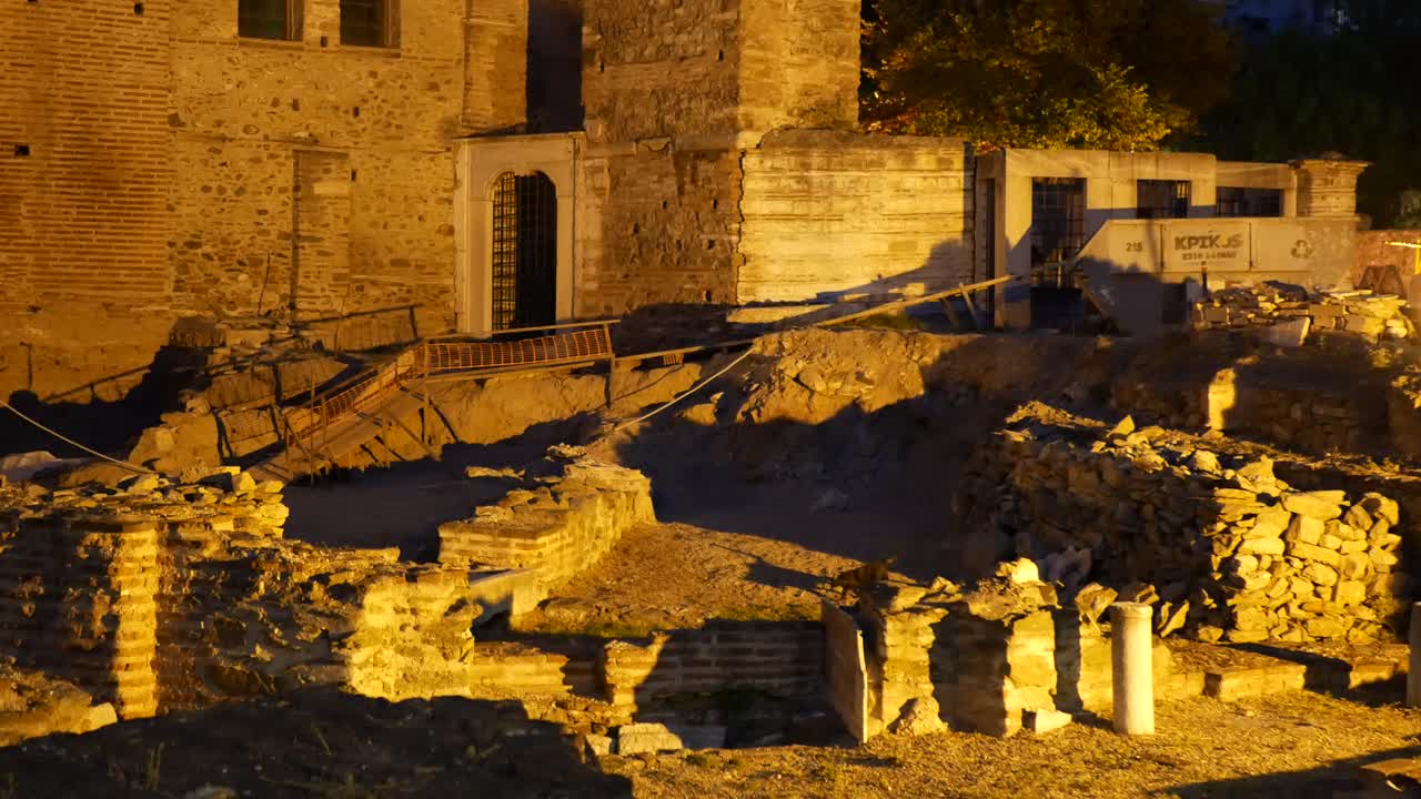 A cat roaming at night in the Galerius rotonda, Thessaloniki, Greece