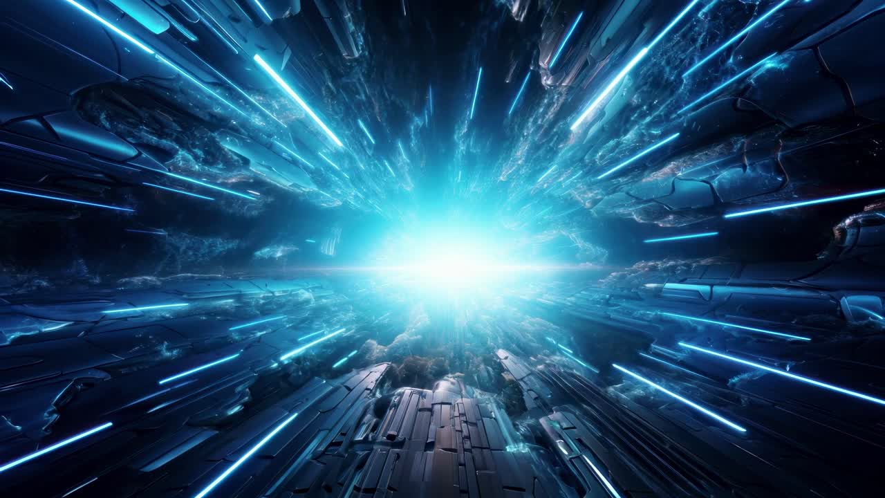 Futuristic sci-fi video concept with a dynamic, low-angle view of a bright, glowing light surrounded