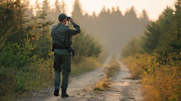 Guardia forestale che osserva il paesaggio con il binocolo