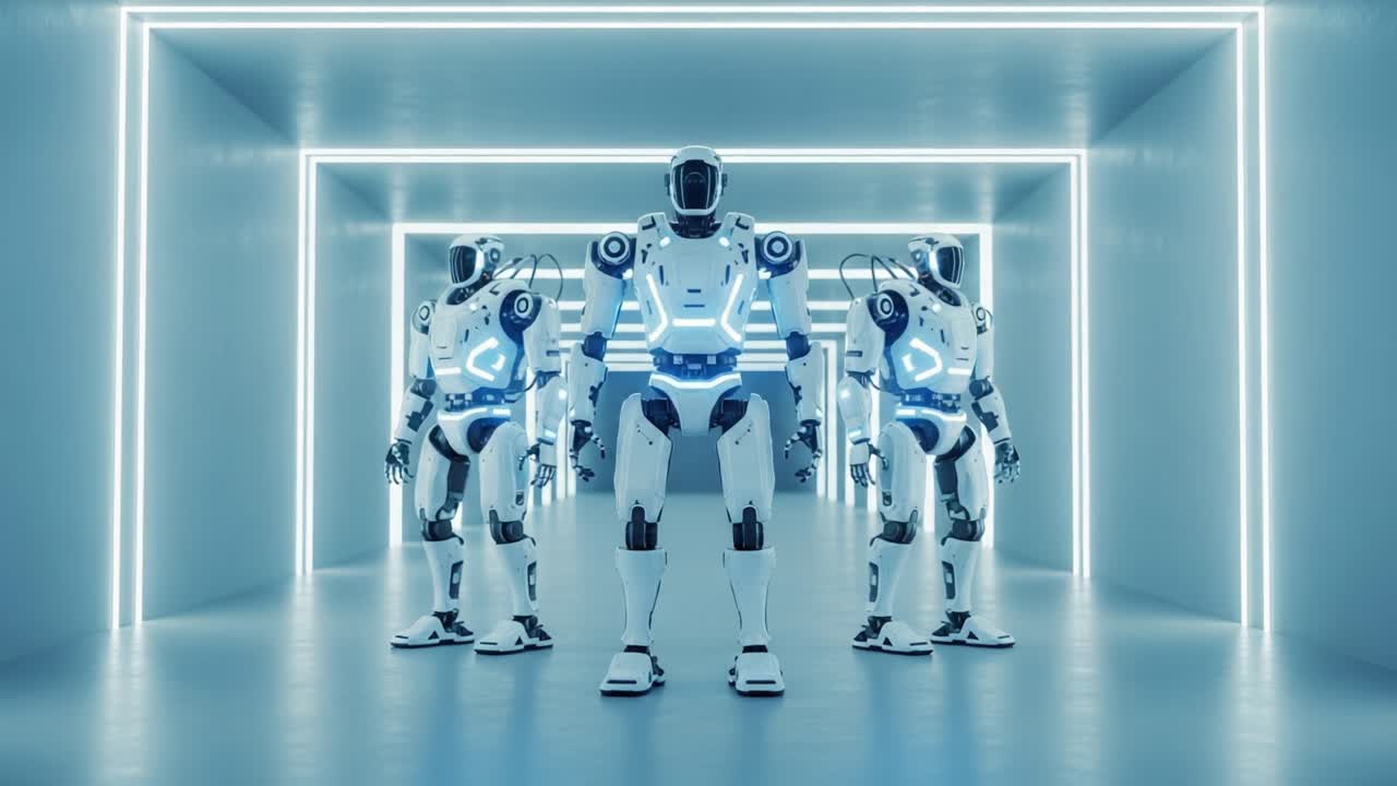 A Futuristic Display of Advanced Humanoid Robots in a Neon-Lit Environment Showcasing Their Sleek Design and Technological Innovation