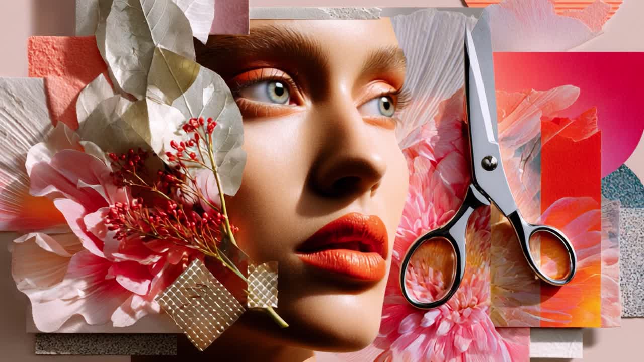A stunning visual composition featuring a close-up of a woman's face adorned with floral elements and artistic materials, capturing a vibrant blend of colors and textures that evoke creativity