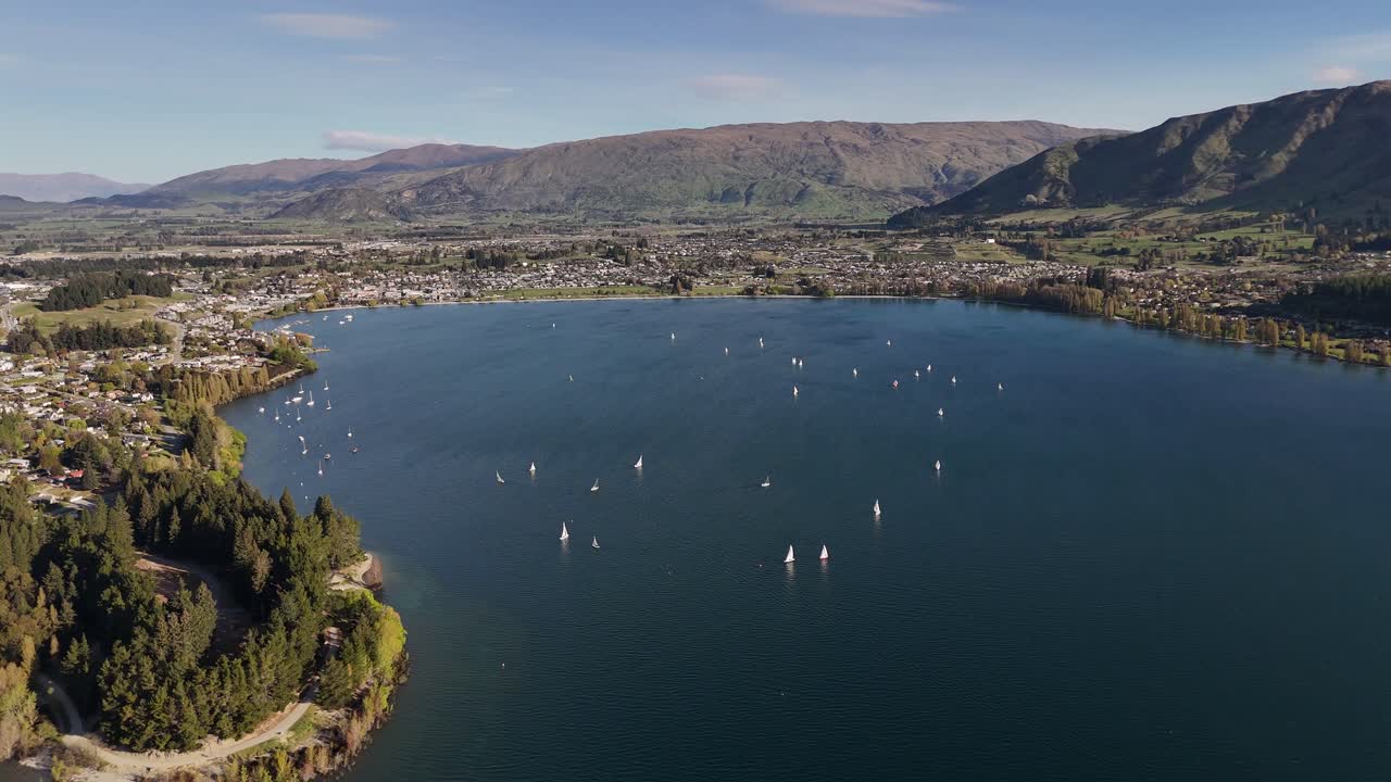 4K aerial drone view flying backwards from a sailboat regatta on Lake Wanaka. The pull back reveals the town, shoreline trees, and Southern Alps mountains in New Zealand