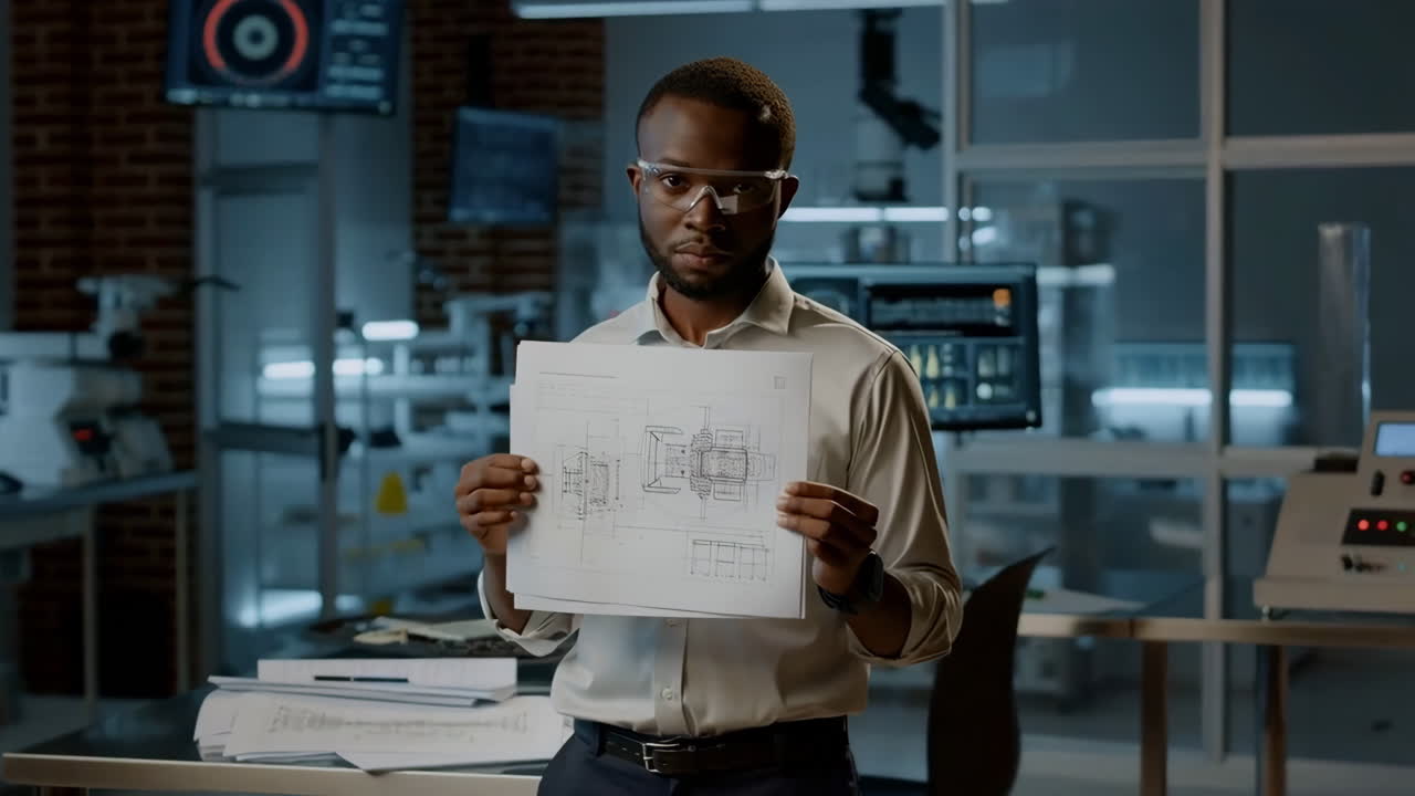 Engineer holding blueprint in science lab