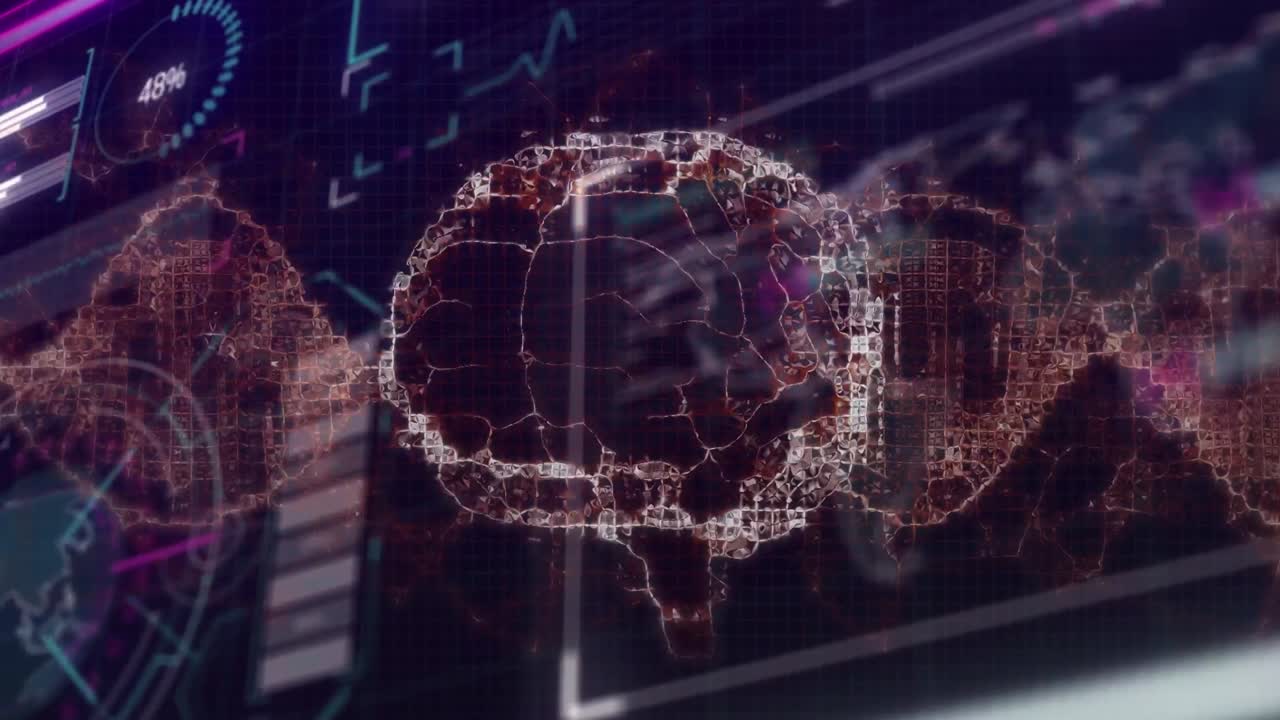 Animation of digital human brain and dna helix rotating against hud interface screens