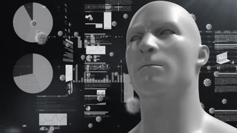 animation of covid 19 cells and human head over data processing