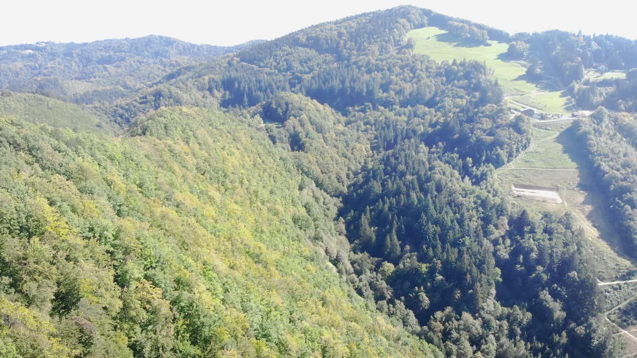 Aerial over the steep mountains covered with thick dense green trees with landing site at the base