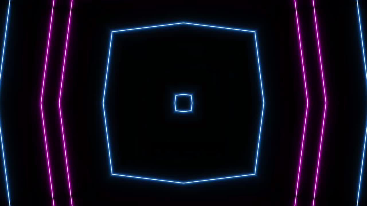 Cornice neon luminosa Sci-Fi anni '80 in stile astratto su sfondo nero. Animazione in loop di laser show. Video 4K.