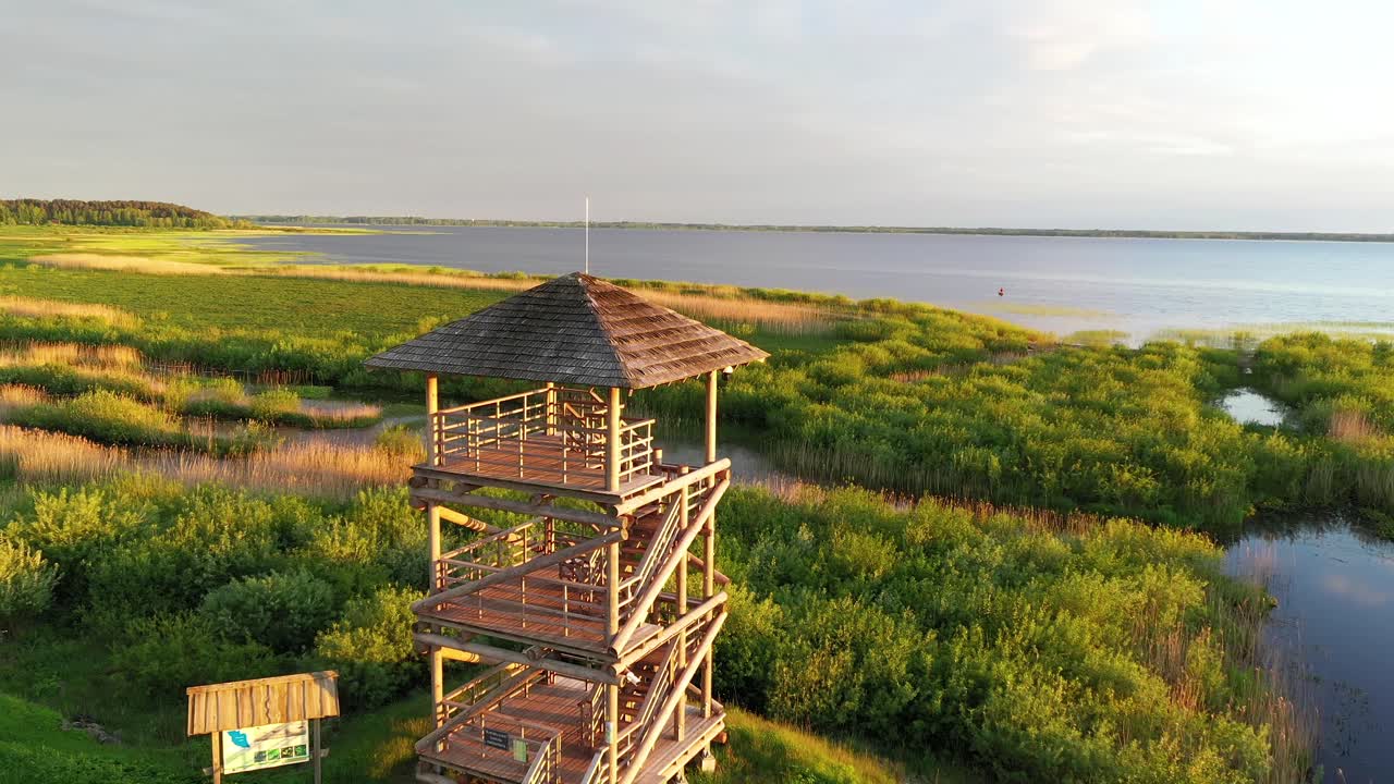 amanecer dorado, observación de aves rústica, torre de vigilancia oculta en un idílico desierto de humedales.