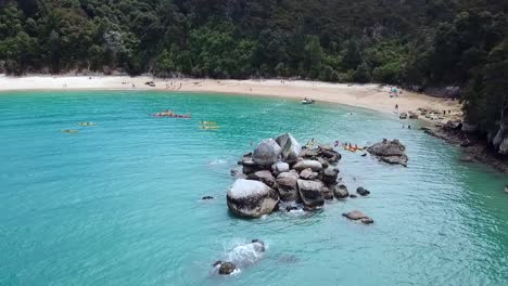 Drone-view-of-Split-Apple-rock-at-Abel-Tasman-National-Park,-New-Zealand