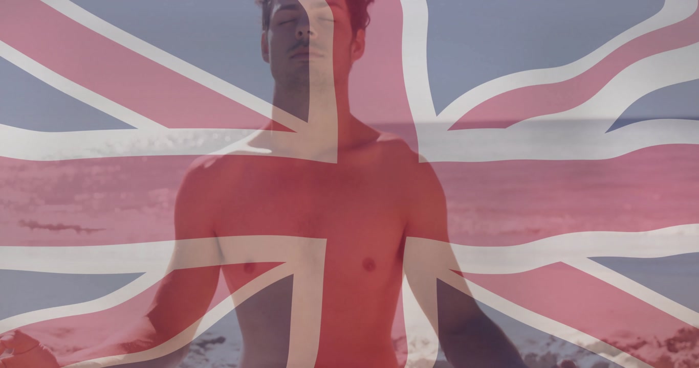 After breath, man meditating under translucent Union Jack overlay, woman placing orange juice glass