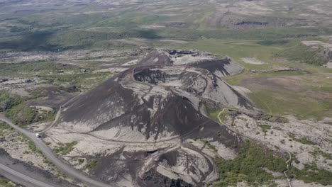 high aerial view of grabrok crater which is a dormant volcano near bifrost iceland