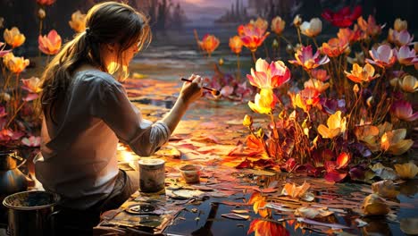 artist creates a vibrant painting of lotus flowers at sunset