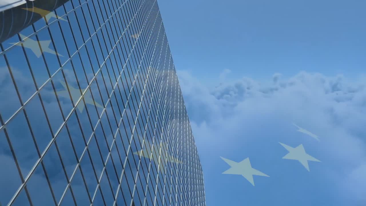 도시 풍경 위의 eu 발의 애니메이션