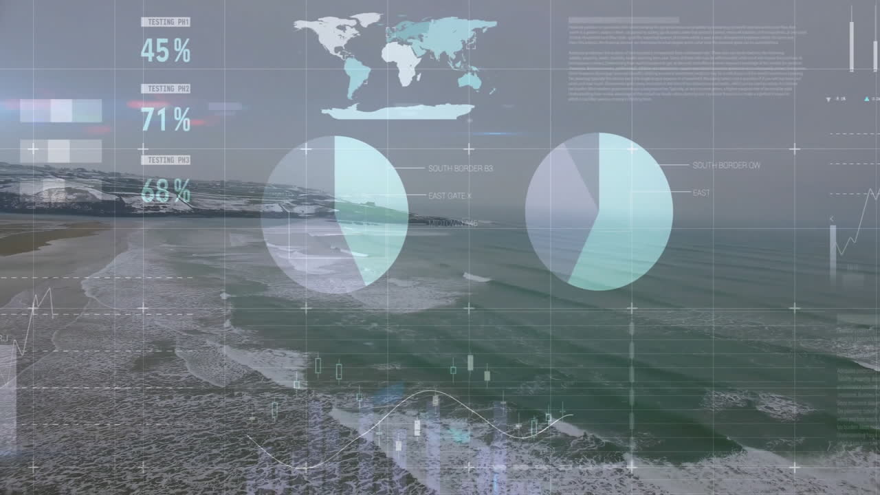 Data visualization animation over coastal landscape with graphs and world map
