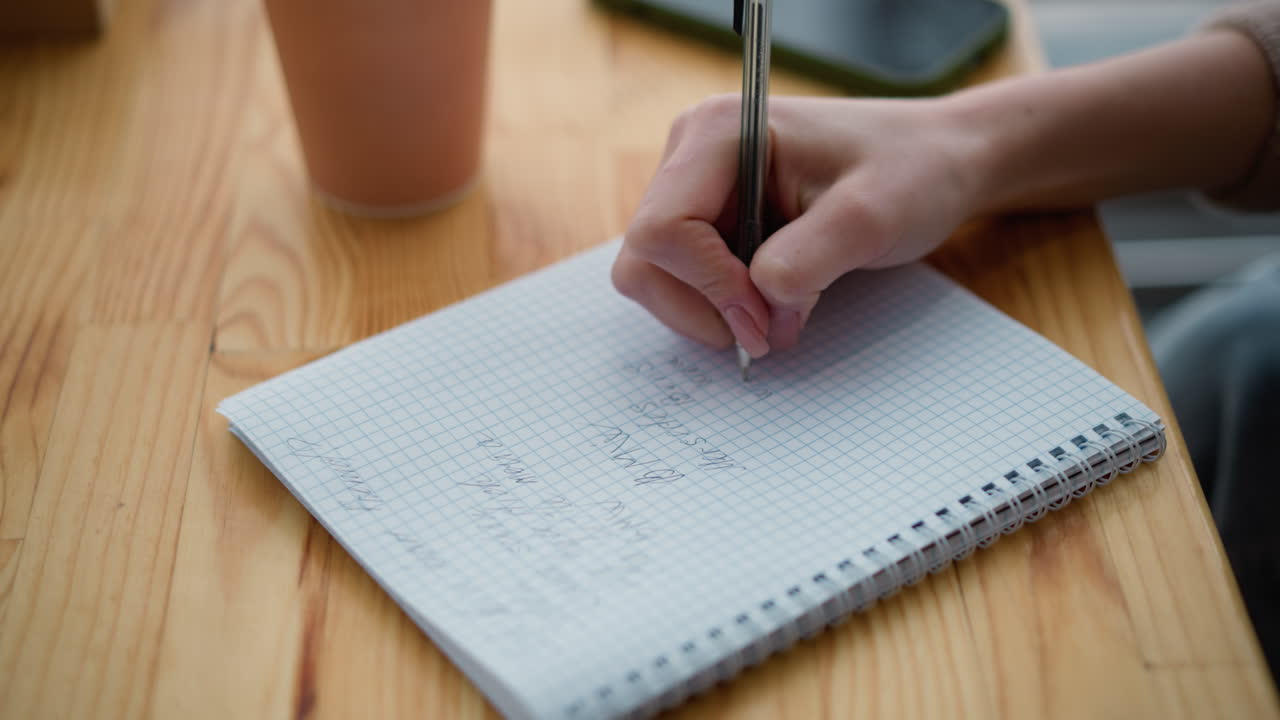 Close-up of woman hand writing on graph paper with pen, coffee cup and phone slightly blurred on wooden table, creating a cozy and focused workspace atmosphere