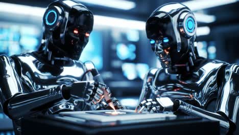 futuristic robots collaborating on advanced technology in a high-tech laboratory setting, showcasing aesthetic design and intricate details of their mechanisms