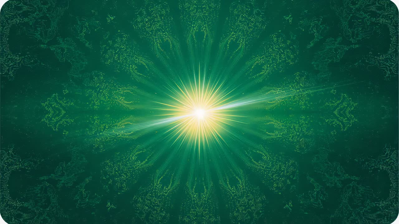 Pulsing bright core causing beams growing streak sliding right in green fractal field making burst