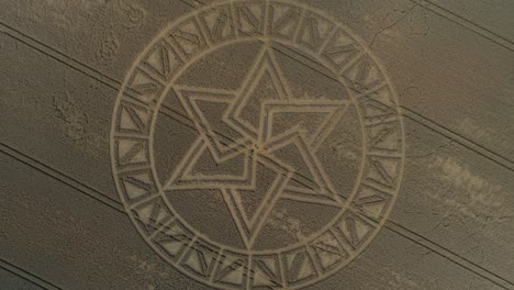 west meon golden barley field crop circle aerial view geometric esoteric design birdseye descending