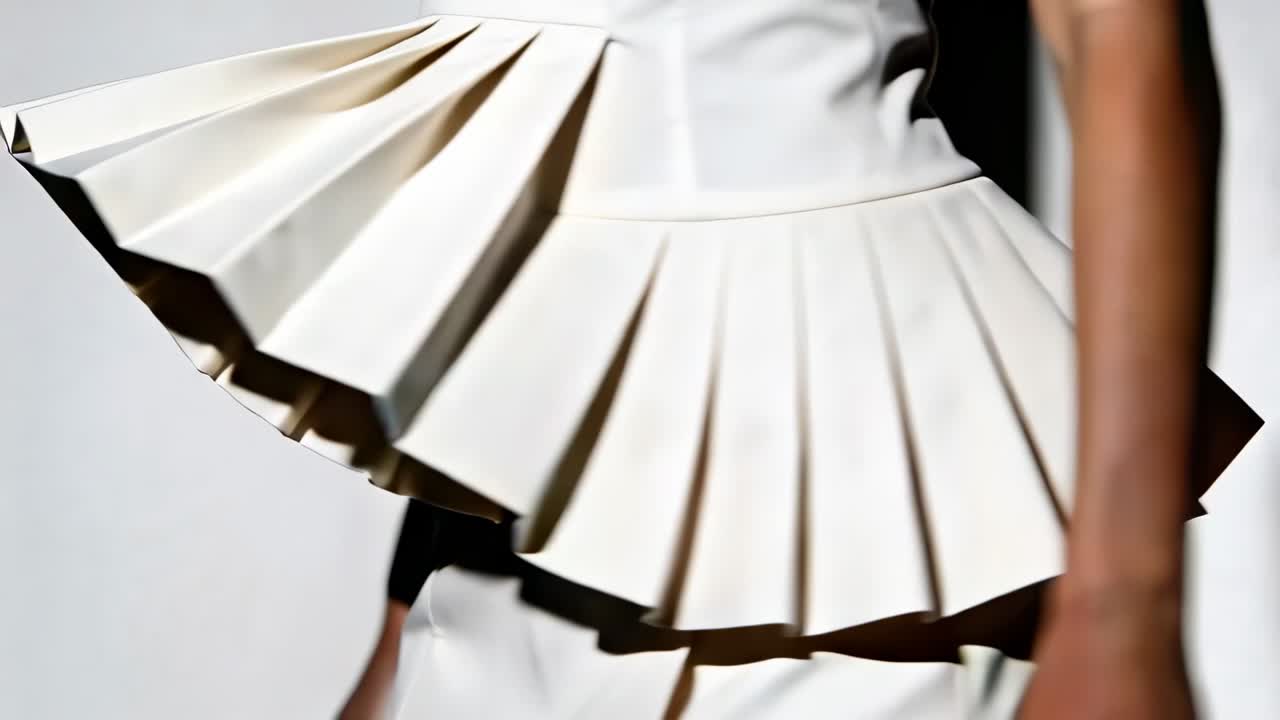Modella che cammina al segnale mostrando un abito bianco a pieghe a fisarmonica su una passerella da studio con luci sceniche.