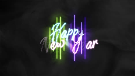feliz año nuevo texto con líneas de neón y humo en gradiente negro